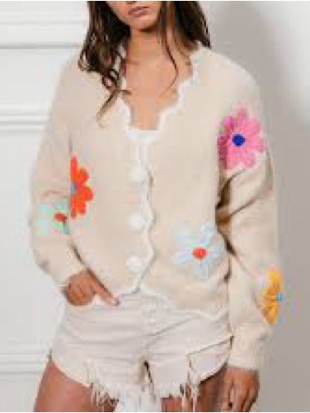 BIBI Wool Blend Colorful Flower Appliqué Cardigan Sz Medium